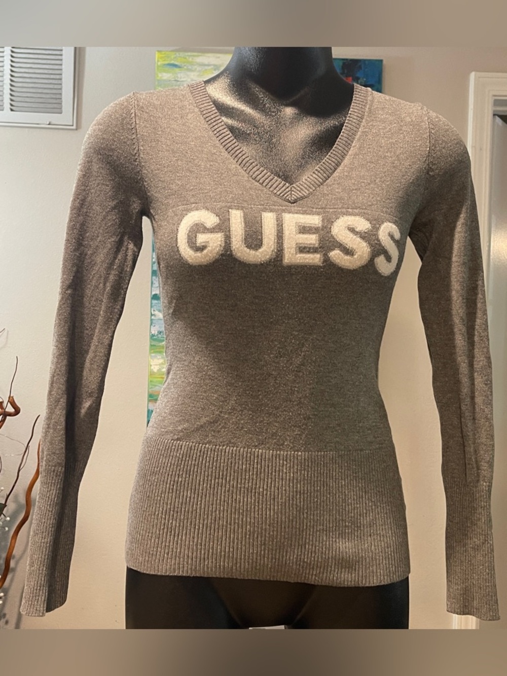 Guess Gray V-Neck Sweater with White Logo, Size XS